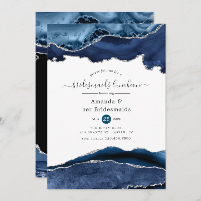 Navy and Silver Agate Bridesmaids Luncheon Invitation (Front/Back)