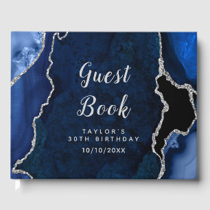 Navy and Silver Agate Marble Birthday Guest Book