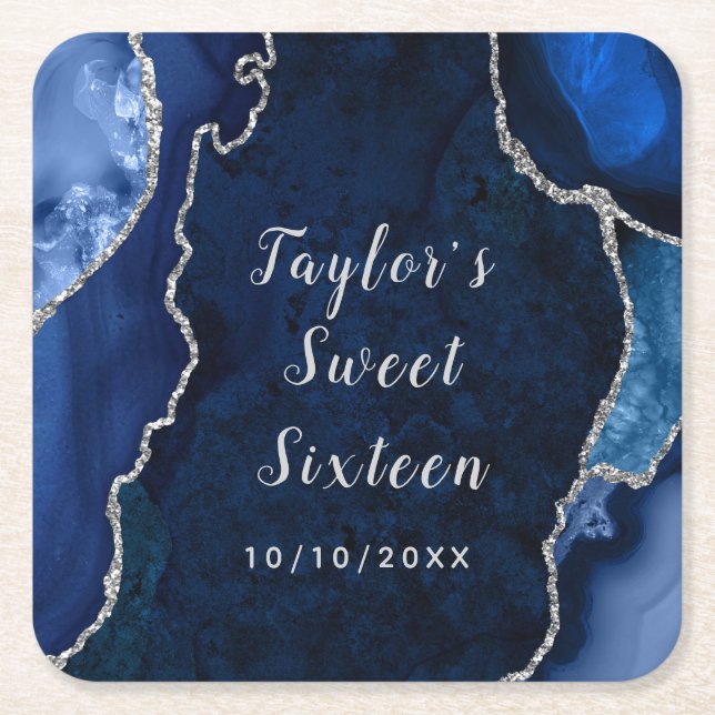 Navy and Silver Agate Marble Sweet Sixteen Square Paper Coaster (Front)