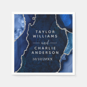 Navy and Silver Agate Marble Wedding Napkin
