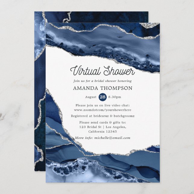 Navy and Silver Agate Virtual Bridal Shower Invitation (Front/Back)