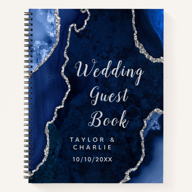 Navy and Silver Agate Wedding Guest Book (Front)