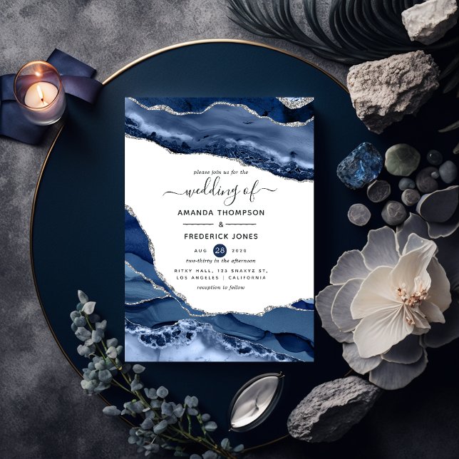 Navy and Silver Agate Wedding Invitation (Creator Uploaded)