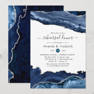 Navy and Silver Agate Wedding Rehearsal Dinner Invitation