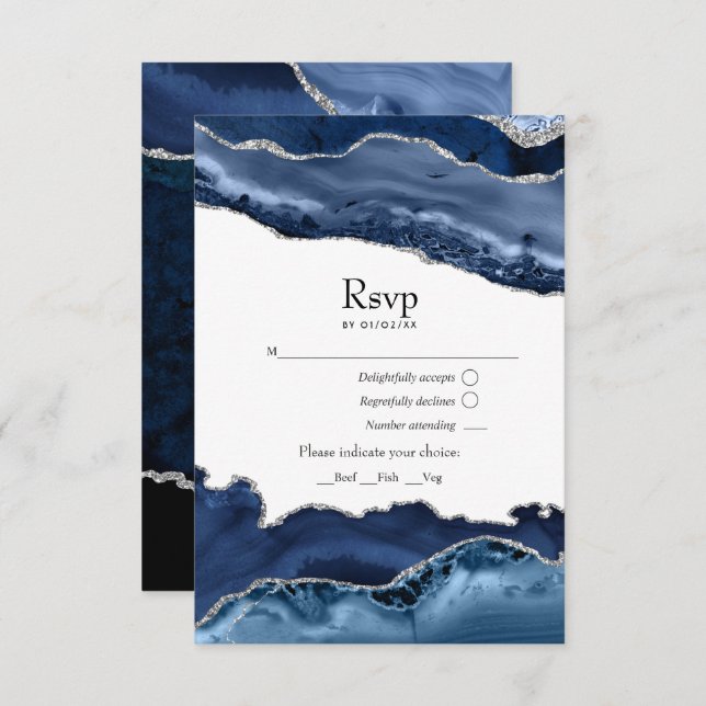 Navy and Silver Agate Wedding RSVP Card (Front/Back)