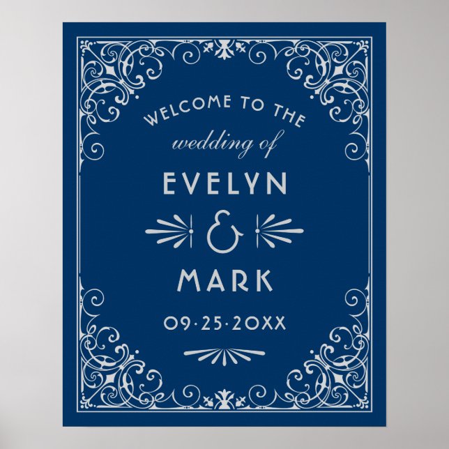 Navy and Silver Art Deco Wedding Welcome Poster (Front)