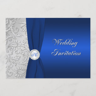 Navy and Silver Damask Monogram Wedding Invitation