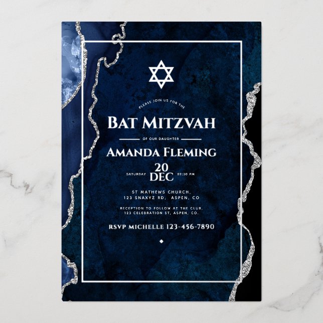 Navy and Silver Faux Agate Bat Mitzvah Photo (Front)