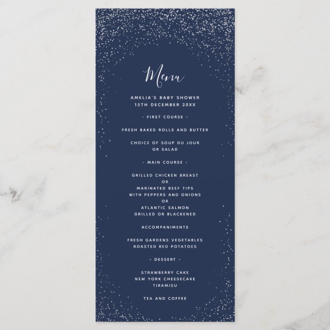 Navy and Silver Faux Foil Menu (Front)