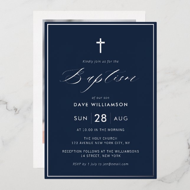 navy and silver first communion foil invitation (Front/Back)