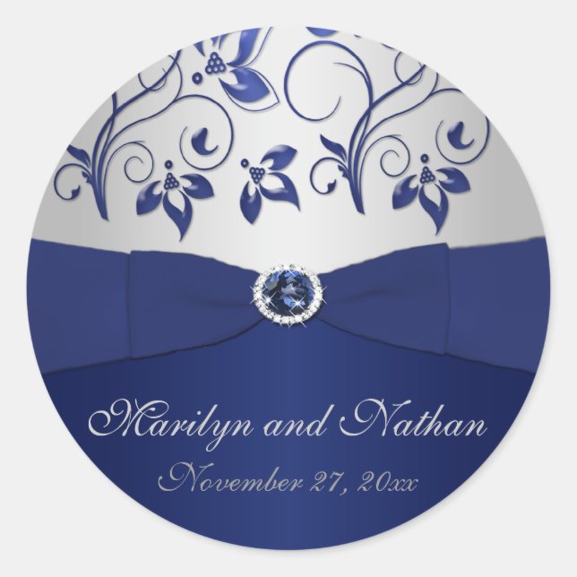 Navy and Silver Floral 1.5" Round Sticker (Front)