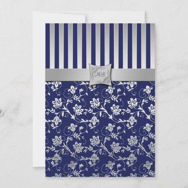 Navy and Silver Floral Vine Monogrammed Invitation (Front)