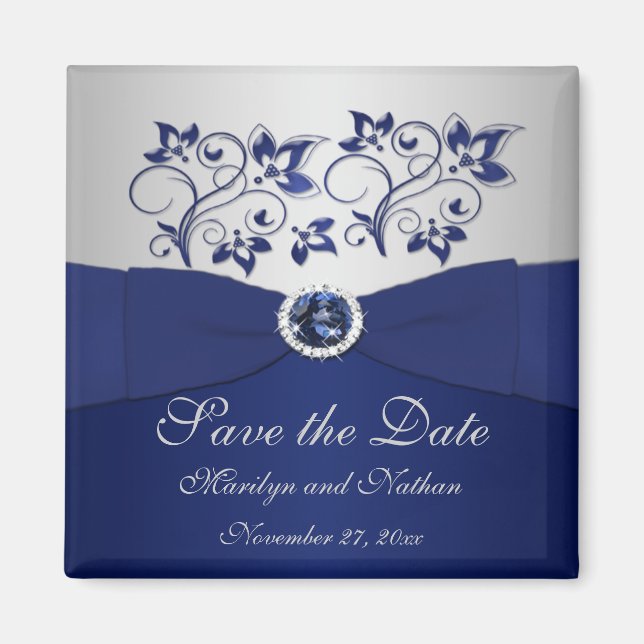 Navy and Silver Floral Wedding Favour Magnet (Front)