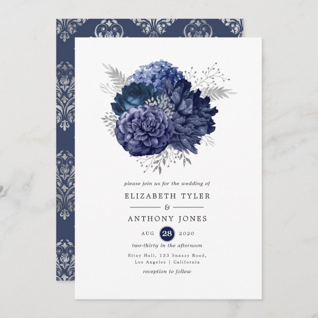 Navy and Silver Floral Wedding Invitation (Front/Back)