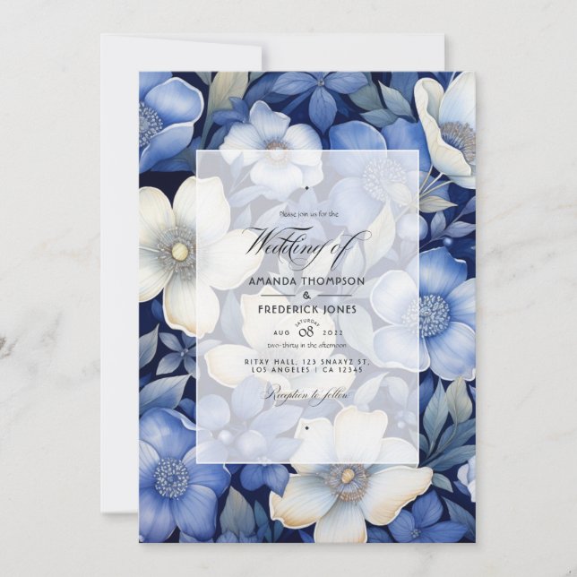 Navy and Silver Floral Wedding Invitation (Front)