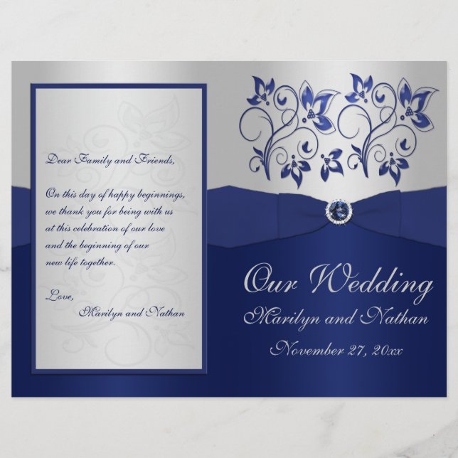 Navy and Silver Floral Wedding Program (Front)