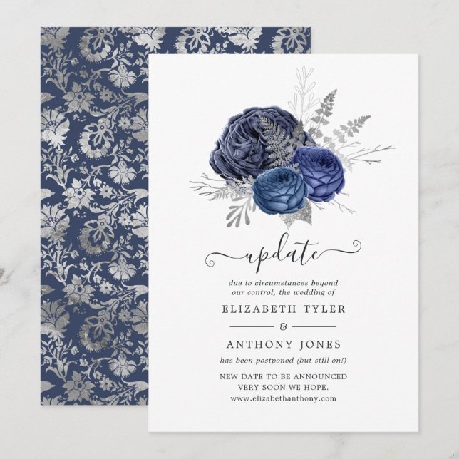 Navy and Silver Floral Wedding Update Invitation (Front/Back)