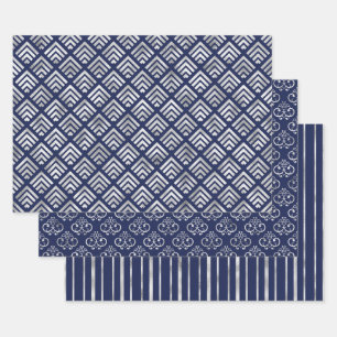 Navy and Silver Geometric Patterns Elegant Wrapping Paper Sheet