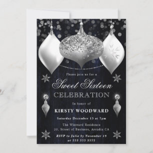 Navy and Silver Glitter Baubles Christmas Sweet 16 Invitation
