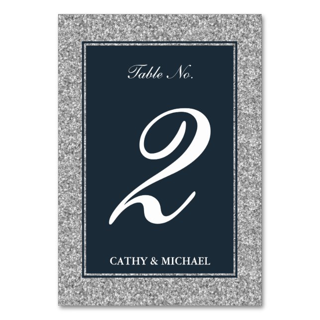 Navy and Silver Glitter Personalised Table Number (Front)