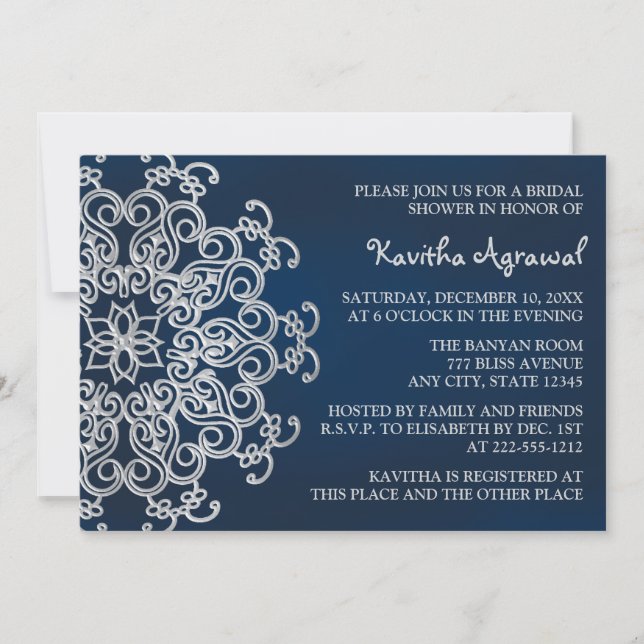 Navy and Silver Indian Inspired Bridal Shower Invitation (Front)