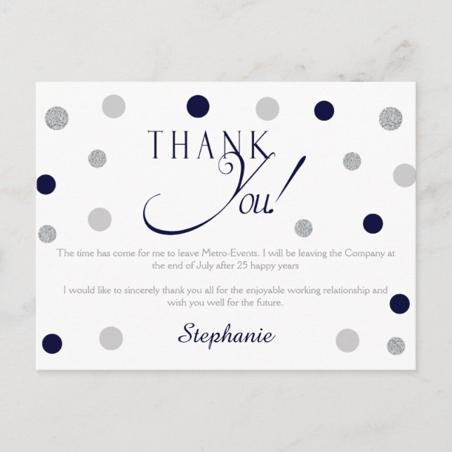 Navy and Silver Retirement Thank You Cards (Front)