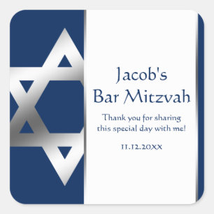 Navy and Silver Star of David Bar Mitzvah Favour Square Sticker