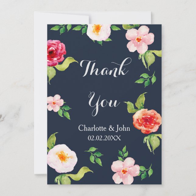 navy and silver watercolor flowers wedding invitation (Front)