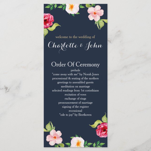 navy and silver watercolor flowers wedding programme (Front)