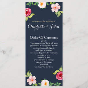 navy and silver watercolor flowers wedding programme