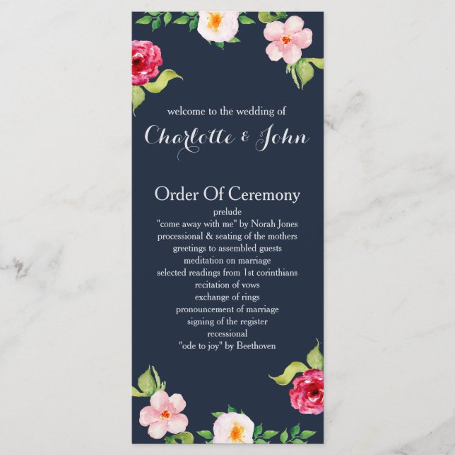 navy and silver watercolor flowers wedding programme (Front)