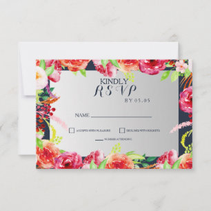 navy and silver watercolor flowers wedding RSVP card