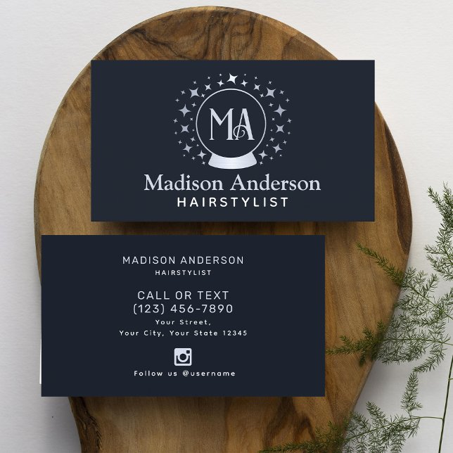 Navy and Silver Witchy Monogram Hairstylist  Business Card (Creator Uploaded)