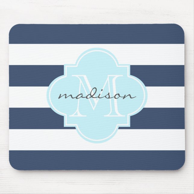 Navy and Sky Blue Nautical Stripes Custom Monogram Mouse Pad (Front)