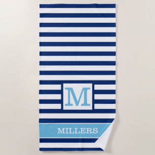 Navy And Sky Blue Striped Family Name Monogrammed Beach Towel