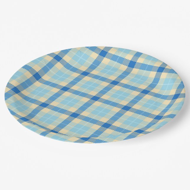 Navy and Sky Blue Tartan Plaid Paper Plates (Angled)