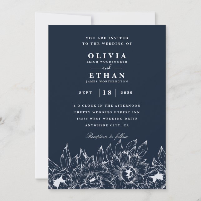 Navy and sunflower wedding invitations (Front)
