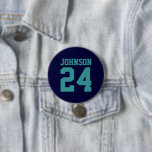 Navy and Teal Athlete Name Jersey Number 7.5 Cm Round Badge<br><div class="desc">Cheer on your favourite sports team, football player or just show off your school pride with a custom personalised spirit button! Add your school name or personalise with a player's name and jersey number. Perfect for football, basketball, baseball and soccer games! Create custom pins for the whole team, cheerleaders, parents...</div>