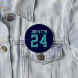 Navy and Teal Athlete Name Jersey Number 7.5 Cm Round Badge<br><div class="desc">Cheer on your favourite sports team, football player or just show off your school pride with a custom personalised spirit button! Add your school name or personalise with a player's name and jersey number. Perfect for football, basketball, baseball and soccer games! Create custom pins for the whole team, cheerleaders, parents...</div>