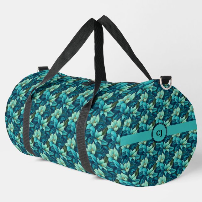  Navy and Teal Floral Personalised  Duffle Bag (Left Corner)