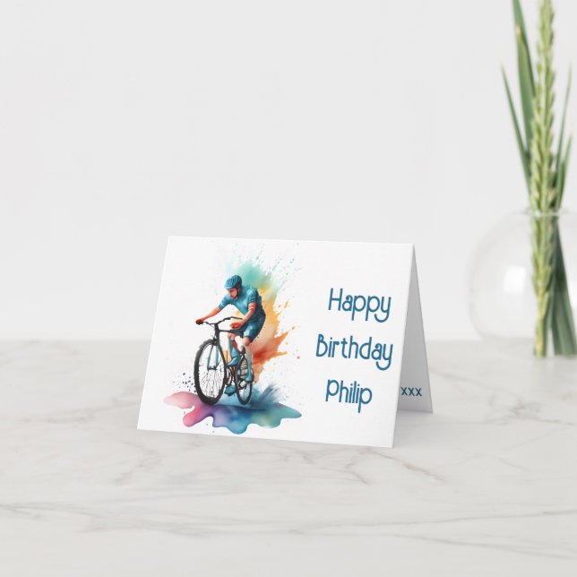 Navy and teal MTB cyclist Birthday Card (Front)