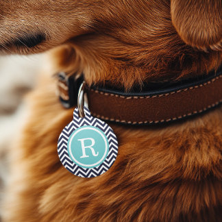 Navy and Turquoise Chevron Monogram Pet Tag
