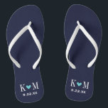 Navy and Turquoise Modern Wedding Monogram Jandals<br><div class="desc">Custom printed flip flop sandals personalised with a cute heart and your monogram initials and wedding date. Click Customise It to change text fonts and colours or add your own images to create a unique one of a kind design!</div>