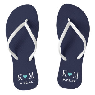 Navy and Turquoise Modern Wedding Monogram Jandals