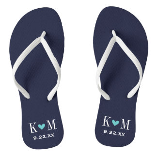 Navy and Turquoise Modern Wedding Monogram Jandals