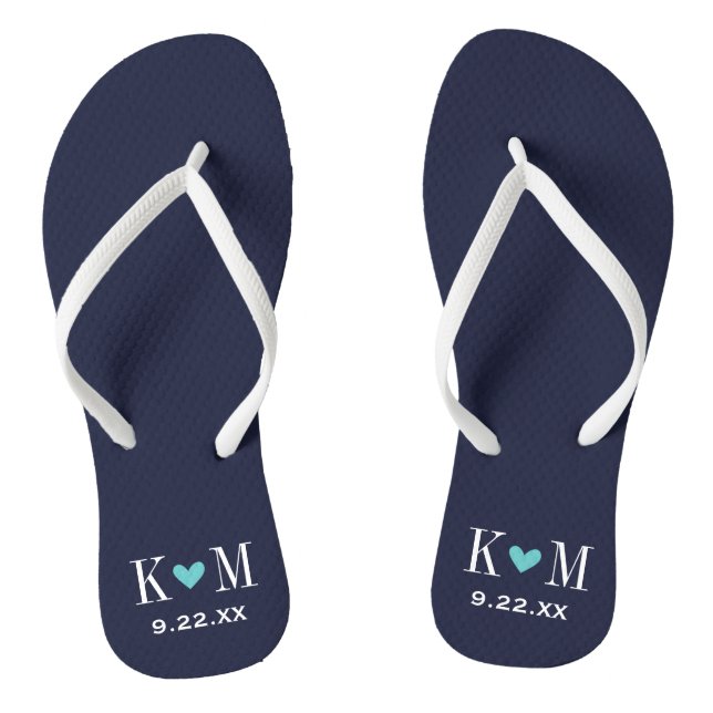 Navy and Turquoise Modern Wedding Monogram Jandals (Footbed)