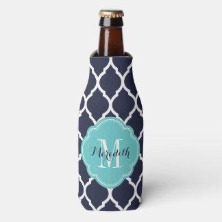 Navy and Turquoise Moroccan Quatrefoil Monogram Bottle Cooler