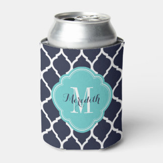 Navy and Turquoise Moroccan Quatrefoil Monogram Can Cooler