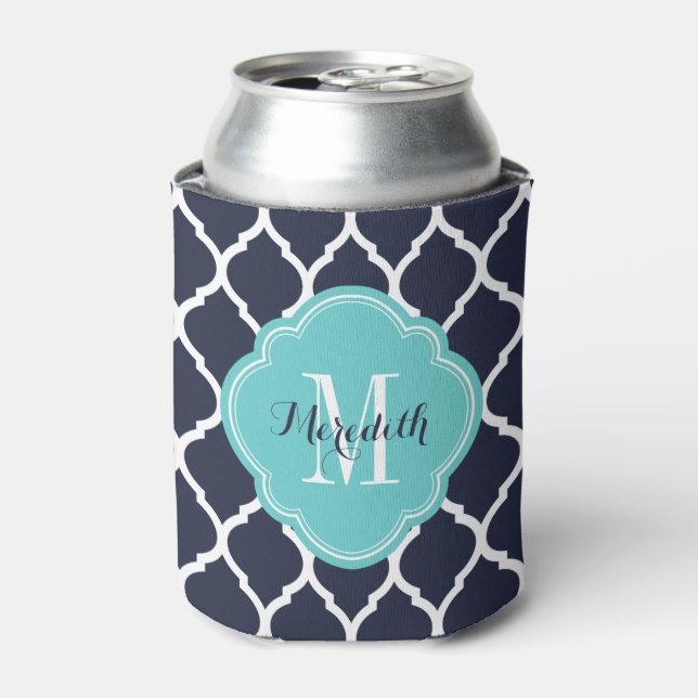 Navy and Turquoise Moroccan Quatrefoil Monogram Can Cooler (Can Front)