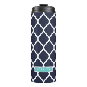 Navy and Turquoise Moroccan Quatrefoil Monogram Thermal Tumbler